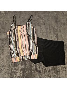 Modlily 2 Pc Ladies 2XL Tank & Shorts Swimsuit Black Multi Stripe
